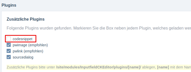 Code Snippet Plugin in ProcessWire's CKEditor aktivieren