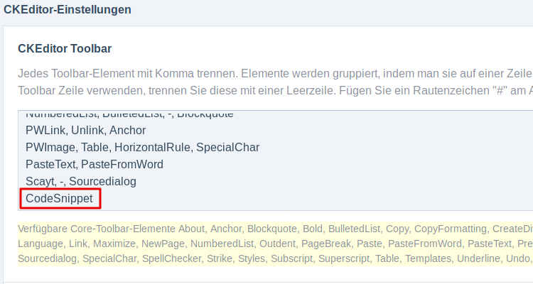 Toolbar Button für das Code Snippet Plugin in ProcessWire's CKEditor hinzufügen